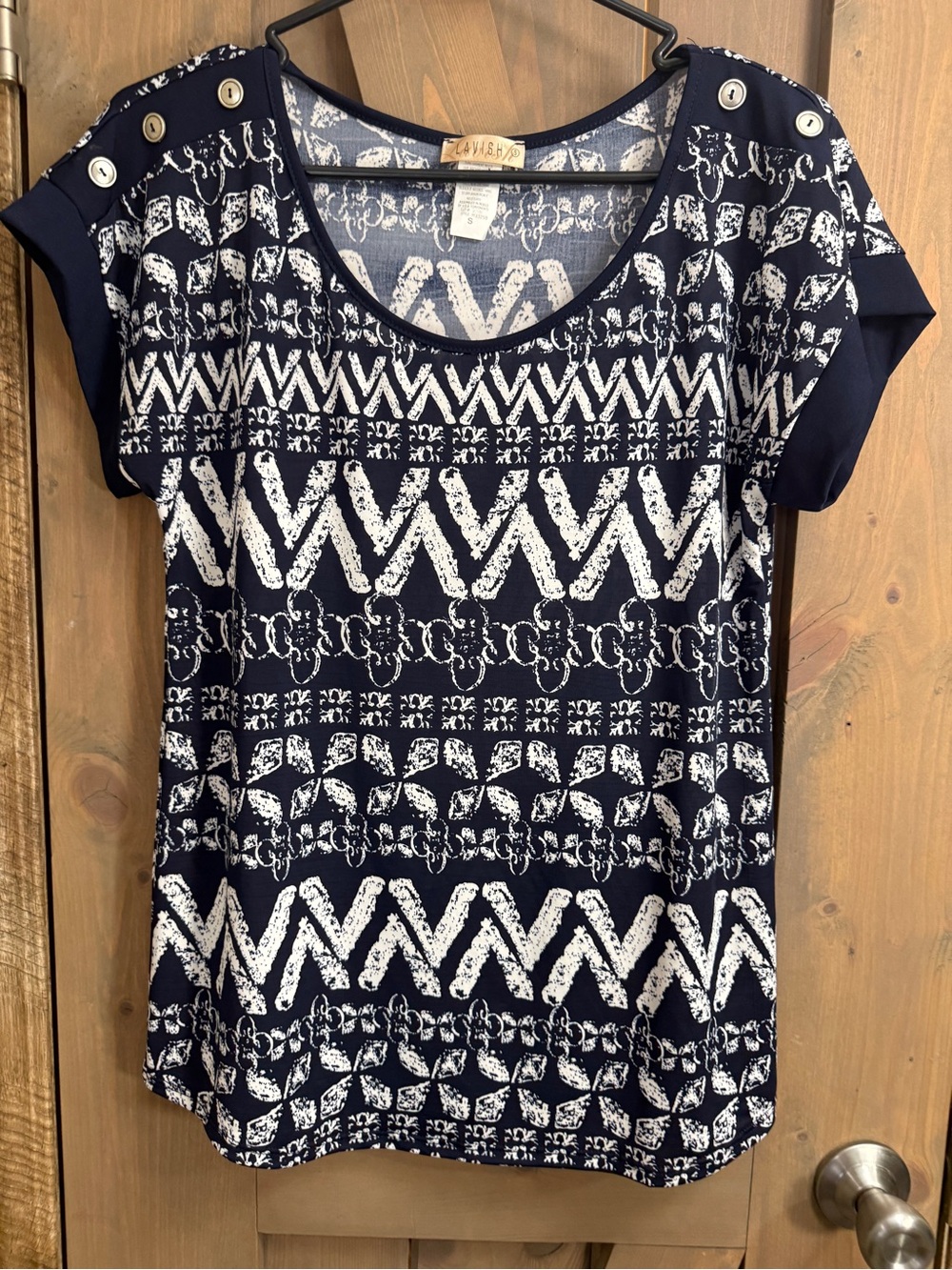Lavish Navy and White Geometric Short Sleeve Top with Button Shoulder
